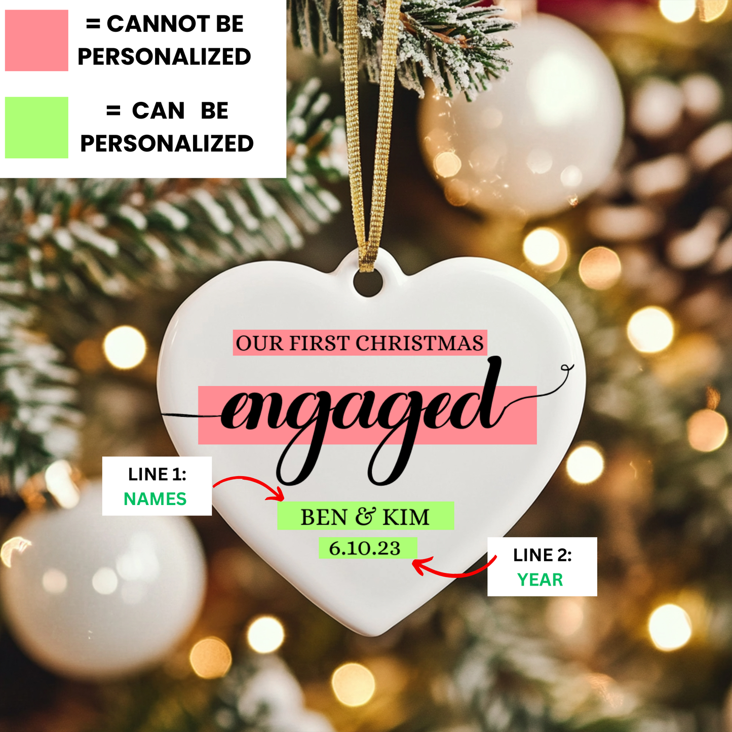 "Personalized 2024 Christmas Ornament – First Christmas Keepsake, Engaged Couple Gift"