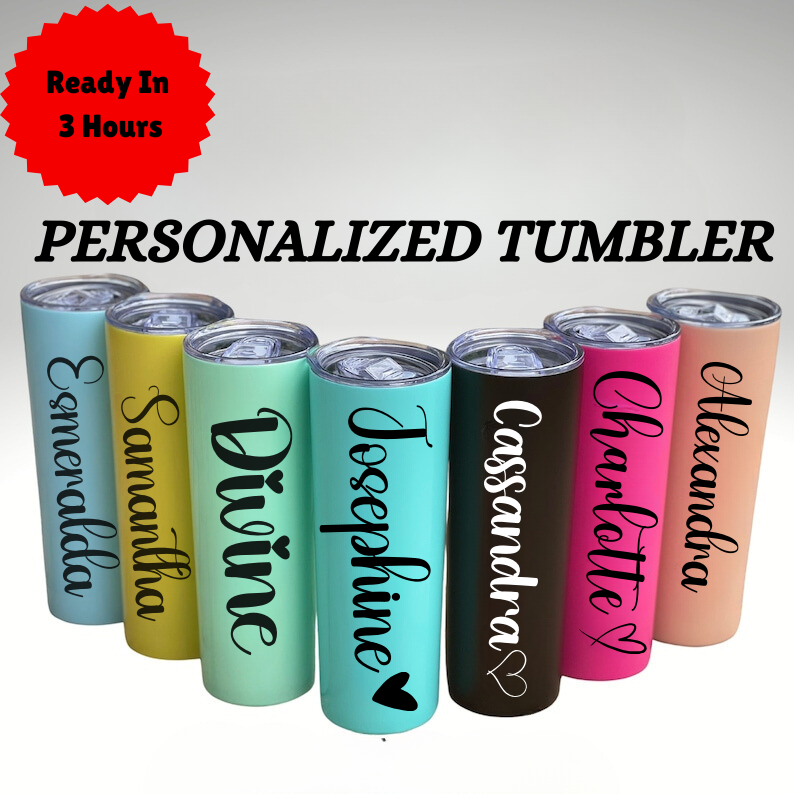 Custom 20oz Personalized Tumbler with Straw – Stainless Steel Insulated Skinny Tumbler for Girls Trip, Bridesmaid Proposal & Gifts