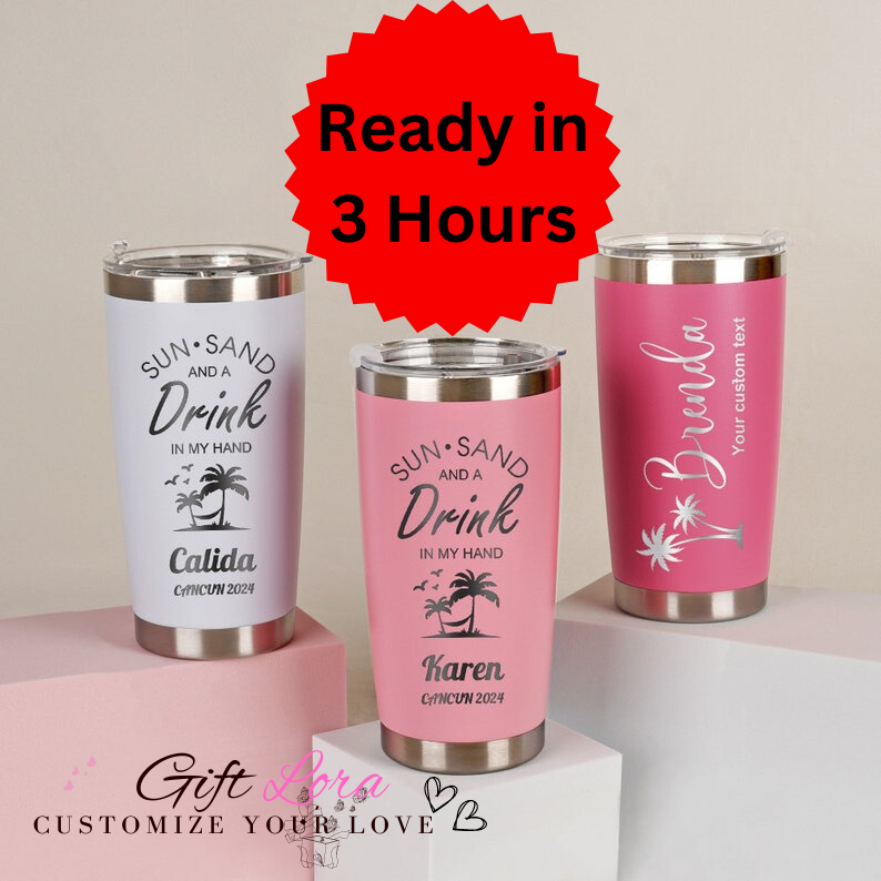 "Custom 20oz Vacation Tumbler – Personalized Stainless Steel Travel Mug, Beach Tumbler for Girls Weekend, Laser Engraved Gift"