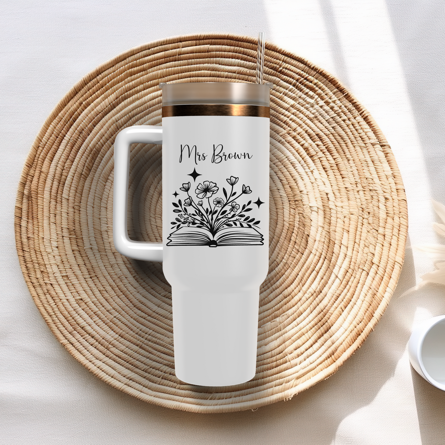 "Custom 40oz Stainless Steel Tumbler with Handle & Straw - Personalized Laser Engraved with Name & Floral Initial - Perfect Christmas Gift"