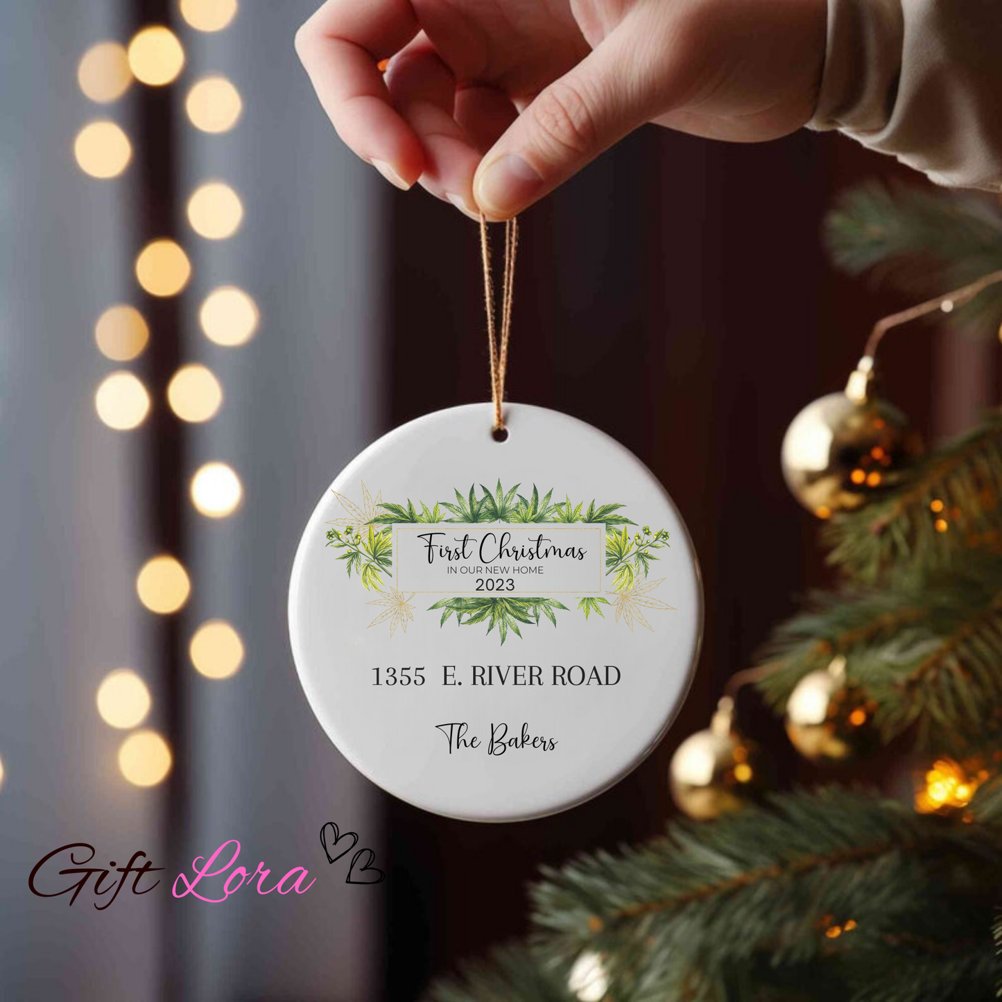 Personalized New Home Ornament - First Home Christmas Decor - Green Botanical Framed Design