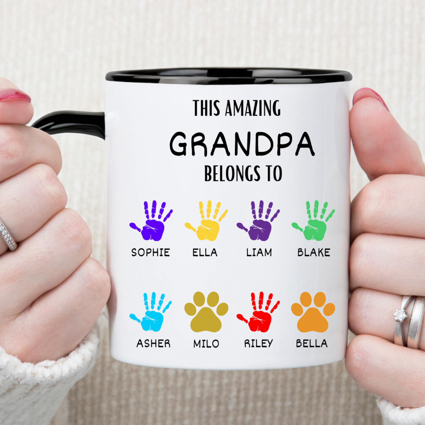 Personalized 11oz and 15oz Grandpa Mug with Grandkids' Names - Handprint Father's Day Gift from Granddaughter and Grandson - Custom Dad Belong to Cup M919