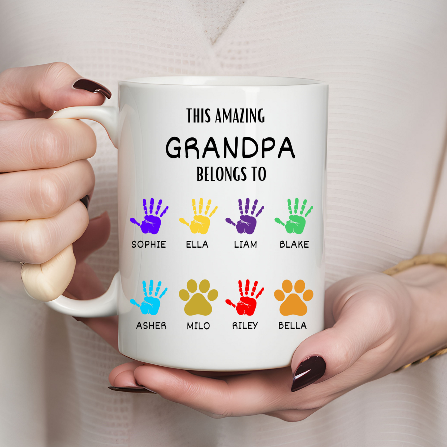 Personalized 11oz and 15oz Grandpa Mug with Grandkids' Names - Handprint Father's Day Gift from Granddaughter and Grandson - Custom Dad Belong to Cup M919