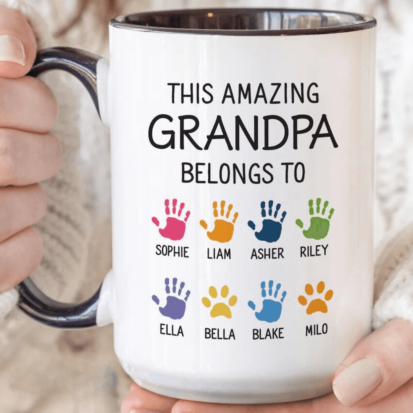 Personalized 11oz and 15oz Grandpa Mug with Grandkids' Names - Handprint Father's Day Gift from Granddaughter and Grandson - Custom Dad Belong to Cup M919