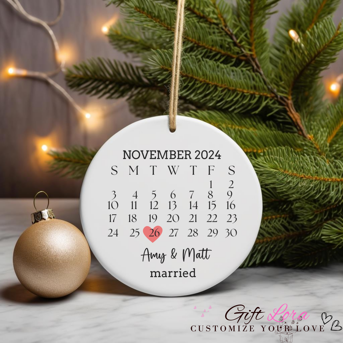 Personalized Married Ornament - Wedding Gift with Wedding Date, Heart Calendar & Anniversary Keepsake