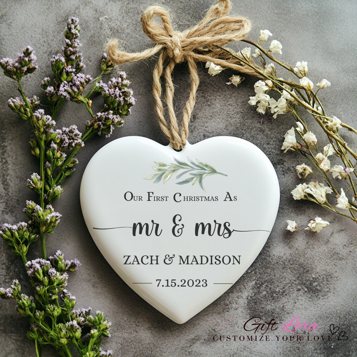 Personalized First Christmas Married Ornament - Mr & Mrs Sprig DesignPersonalized First Christmas Married Ornament - Mr & Mrs Sprig Design