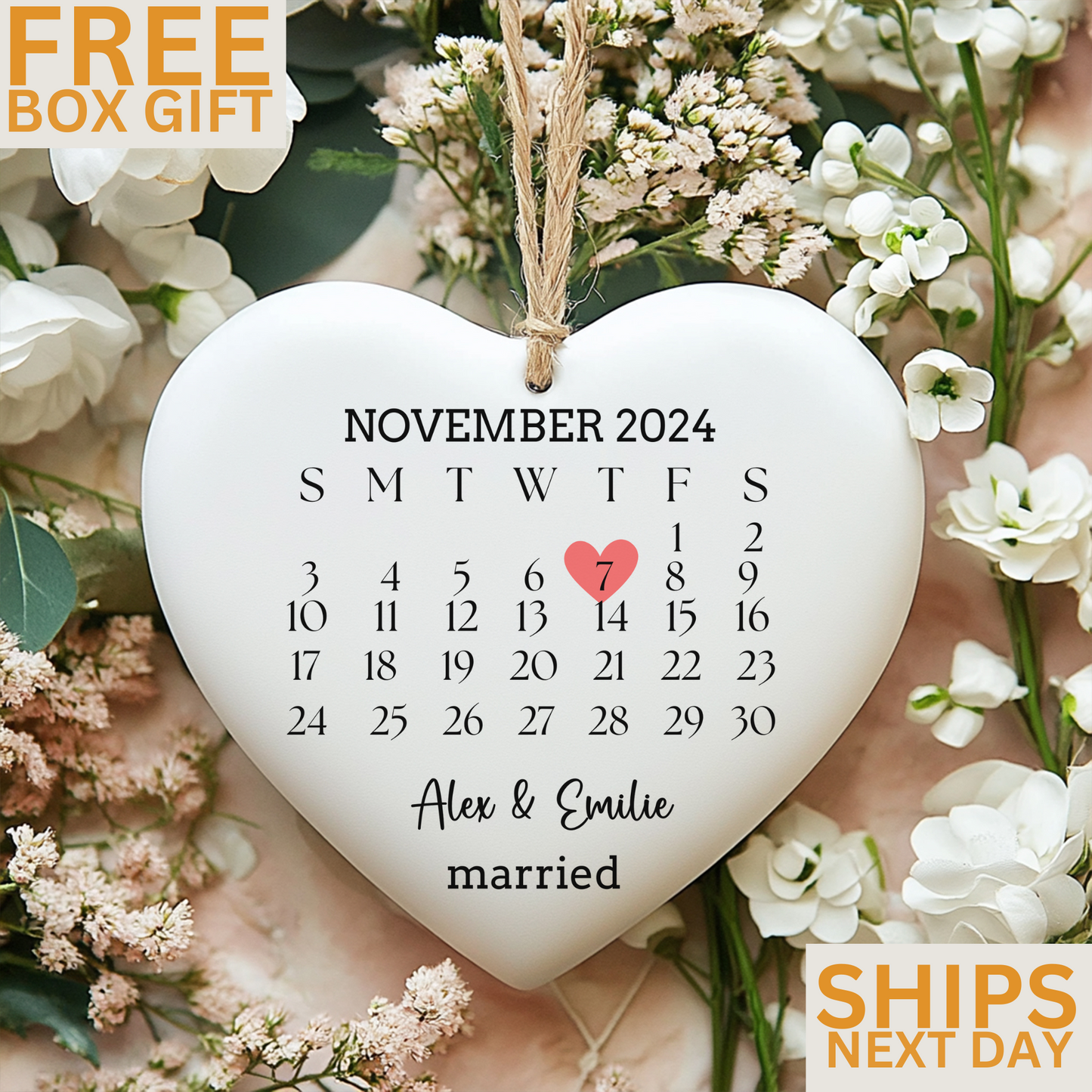 Personalized Married Ornament - Wedding Gift with Wedding Date, Heart Calendar & Anniversary Keepsake