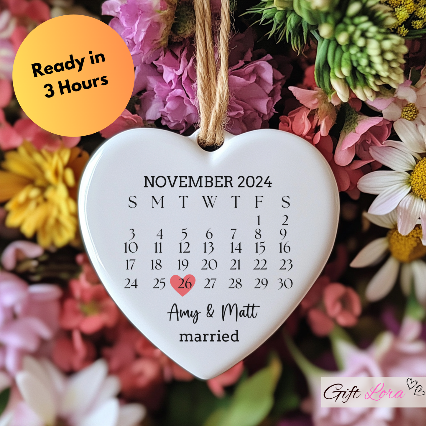 Personalized Married Ornament - Wedding Gift with Wedding Date, Heart Calendar & Anniversary Keepsake