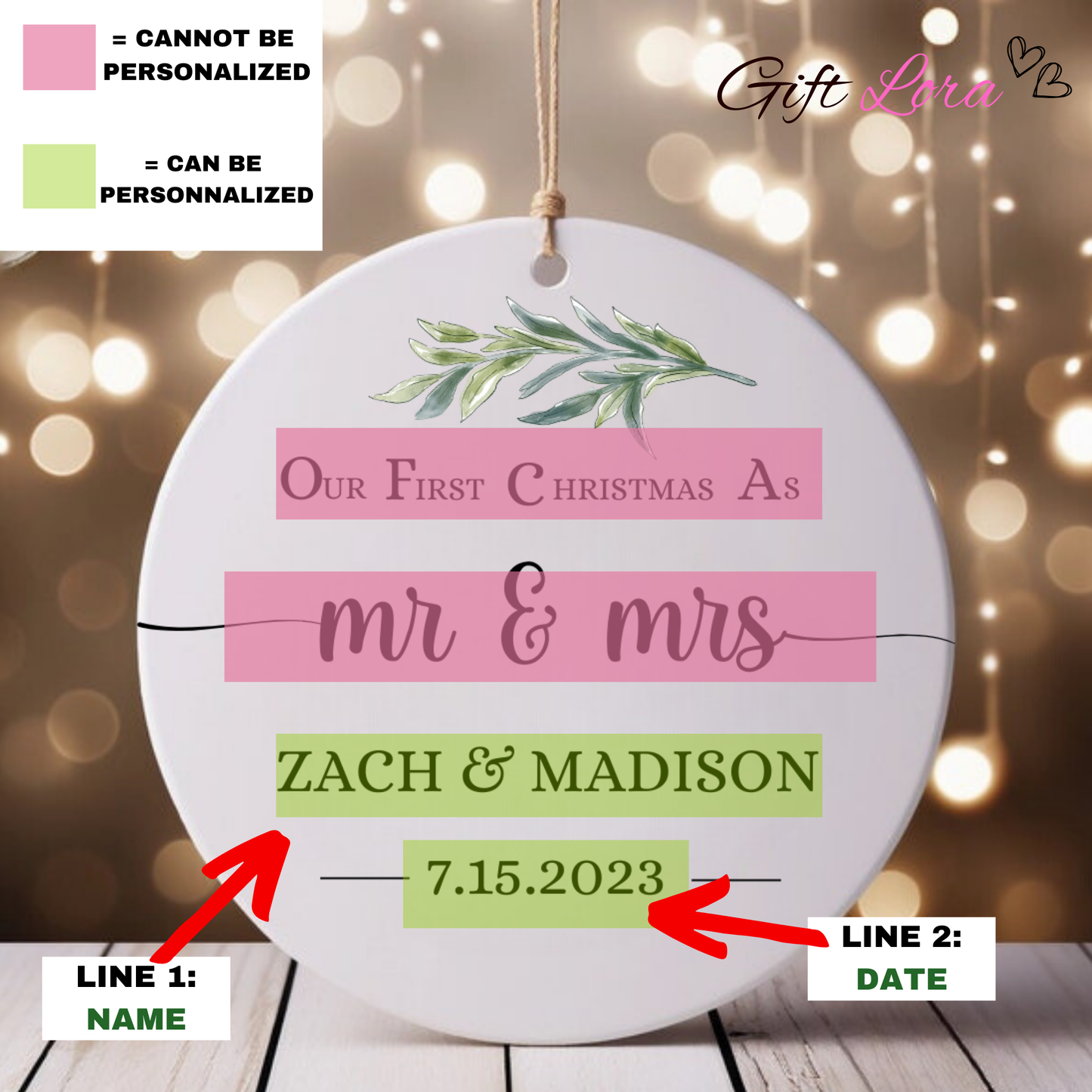 Personalized First Christmas Married Ornament - Mr & Mrs Sprig DesignPersonalized First Christmas Married Ornament - Mr & Mrs Sprig Design