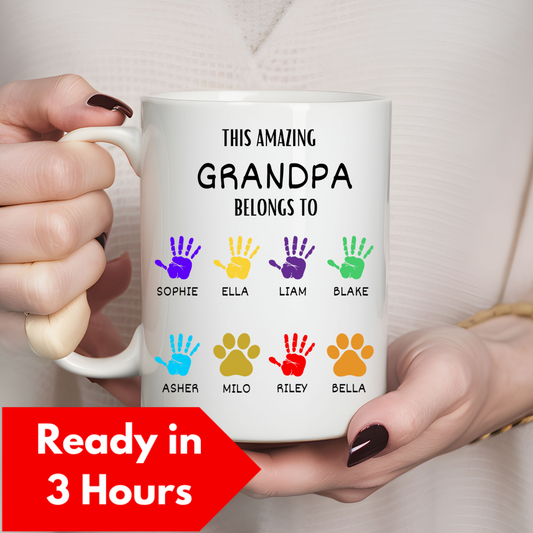 Personalized 11oz and 15oz Grandpa Mug with Grandkids' Names - Handprint Father's Day Gift from Granddaughter and Grandson - Custom Dad Belong to Cup M919