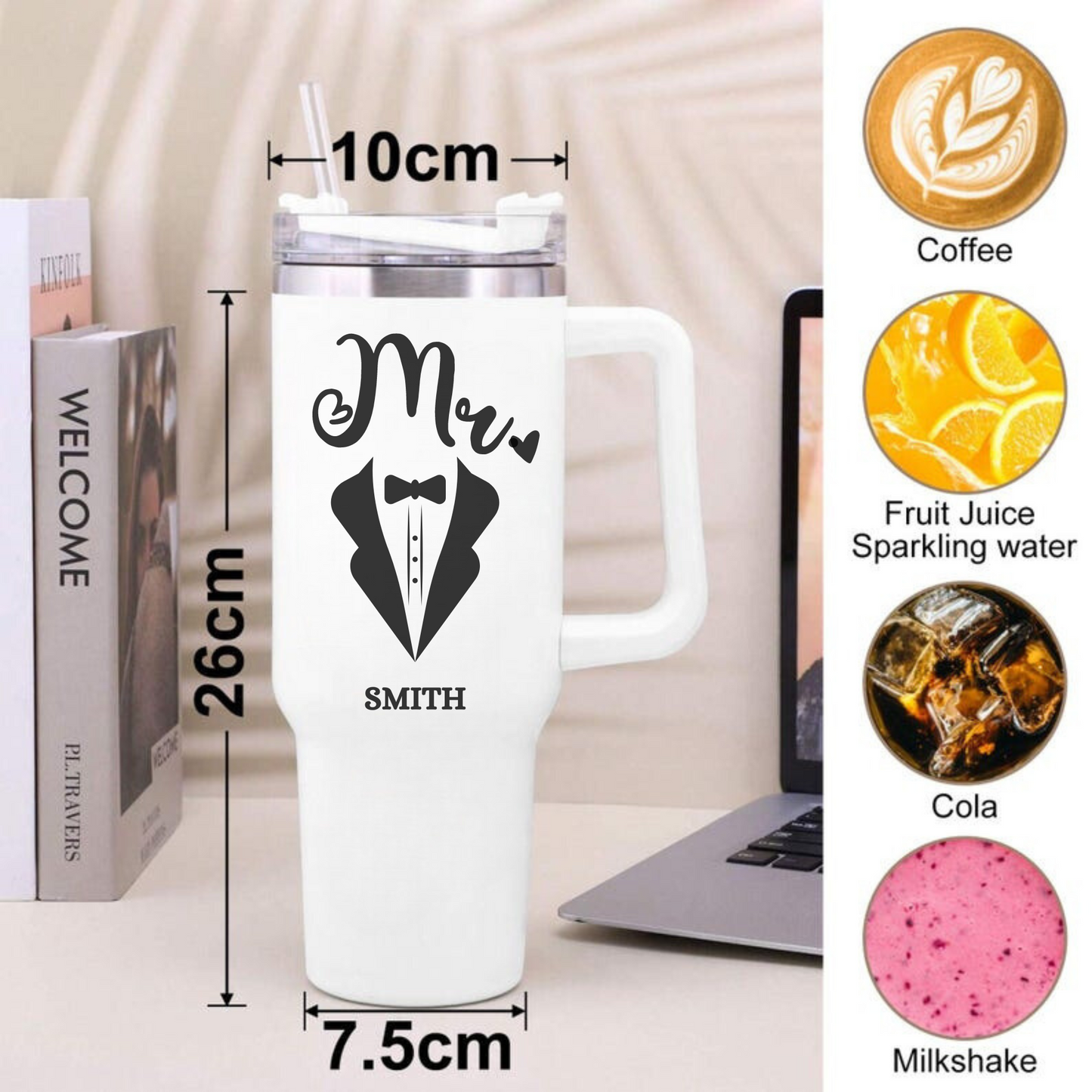 Custom 40oz Tumbler with Handle & Straw – Personalized Laser Engraved Stainless Steel Tumbler with Name, Flowers & Initials – Perfect Christmas Gift