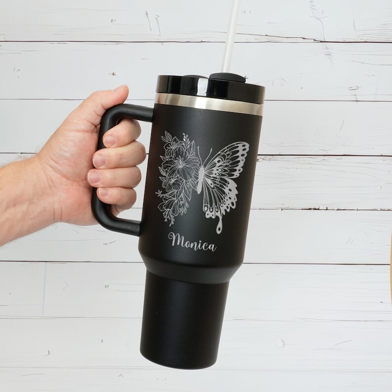 "Custom 40oz Stainless Steel Tumbler with Handle & Straw - Personalized Laser Engraved with Name & Floral Initial - Perfect Christmas Gift"