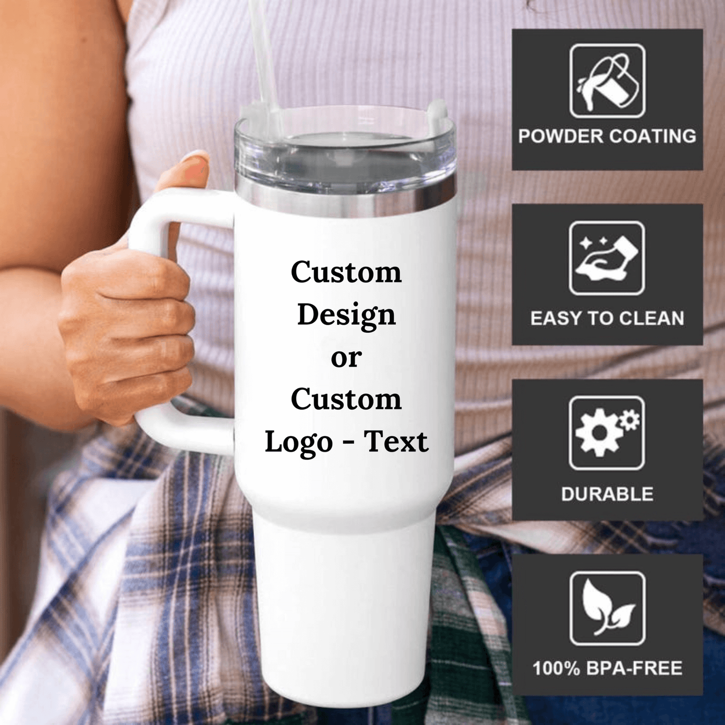 "Custom 40oz Tumbler with Name & Logo – Stainless Steel Laser Engraved Travel Mug with Lid & Straw, Bulk Order Options, Perfect Christmas Gift"