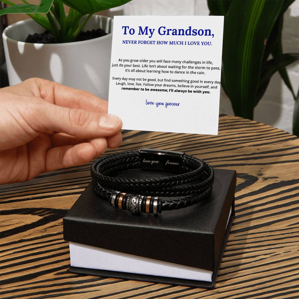 To My Grandson, Love You Forever Linked Braided Leather Bracelet