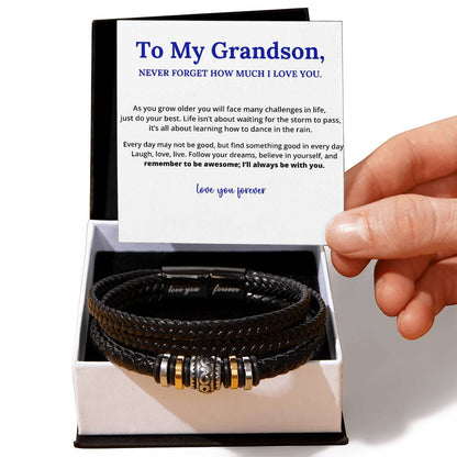 To My Grandson, Love You Forever Linked Braided Leather Bracelet