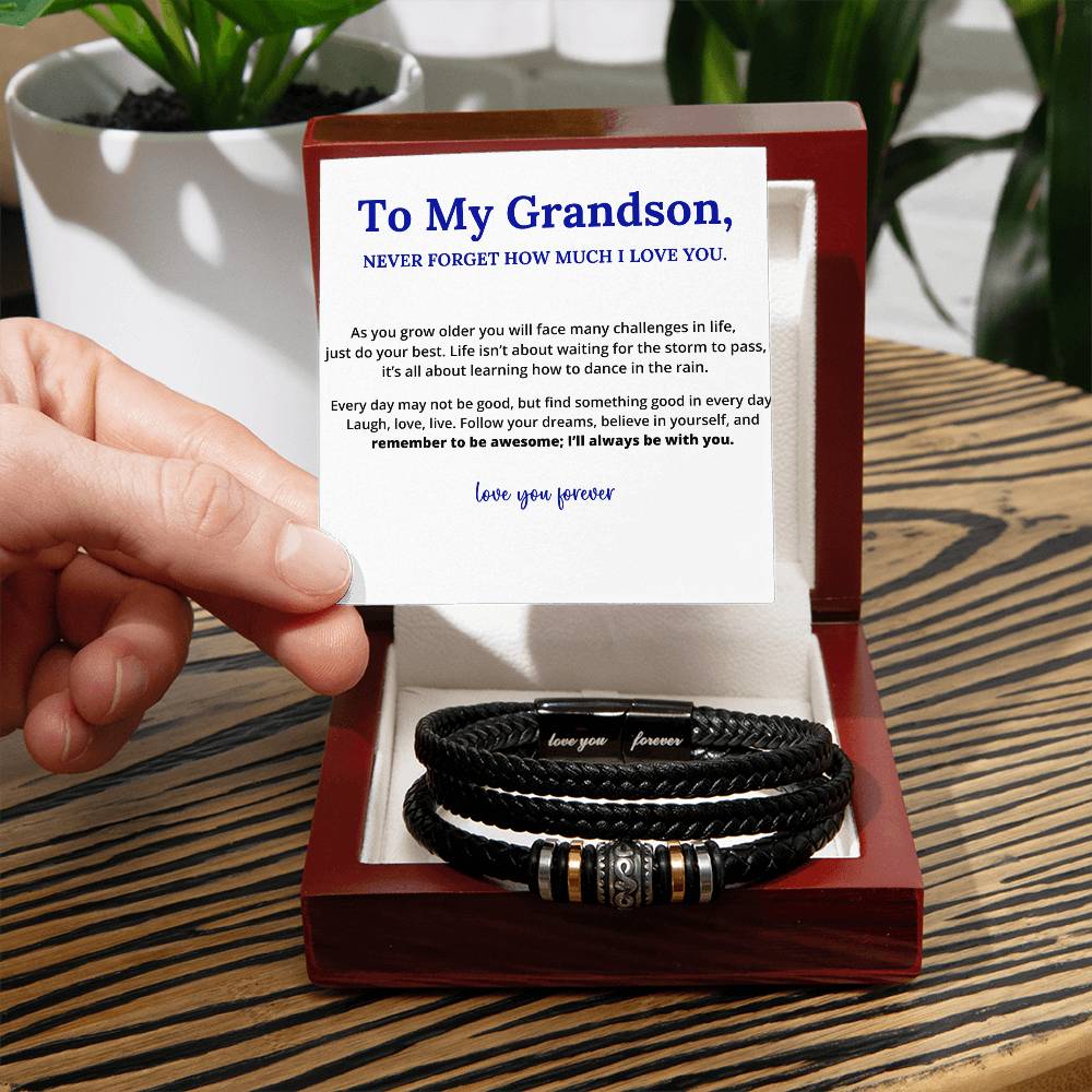 To My Grandson, Love You Forever Linked Braided Leather Bracelet