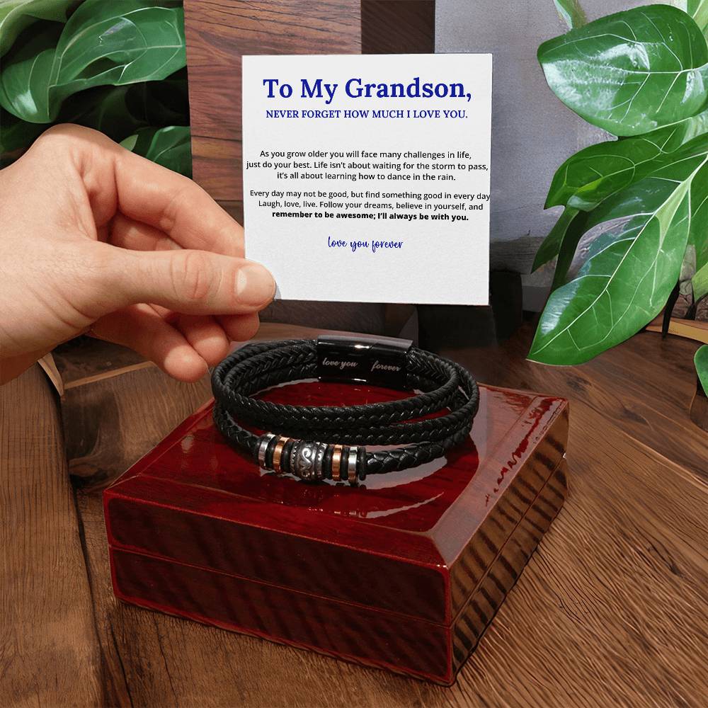 To My Grandson, Love You Forever Linked Braided Leather Bracelet