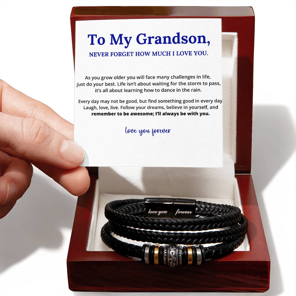 To My Grandson, Love You Forever Linked Braided Leather Bracelet