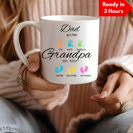 Personalized Grandpa Mug with Grandkids' Names – 11oz & 15oz Handprint Design for Father's Day Gift from Granddaughter or Grandson